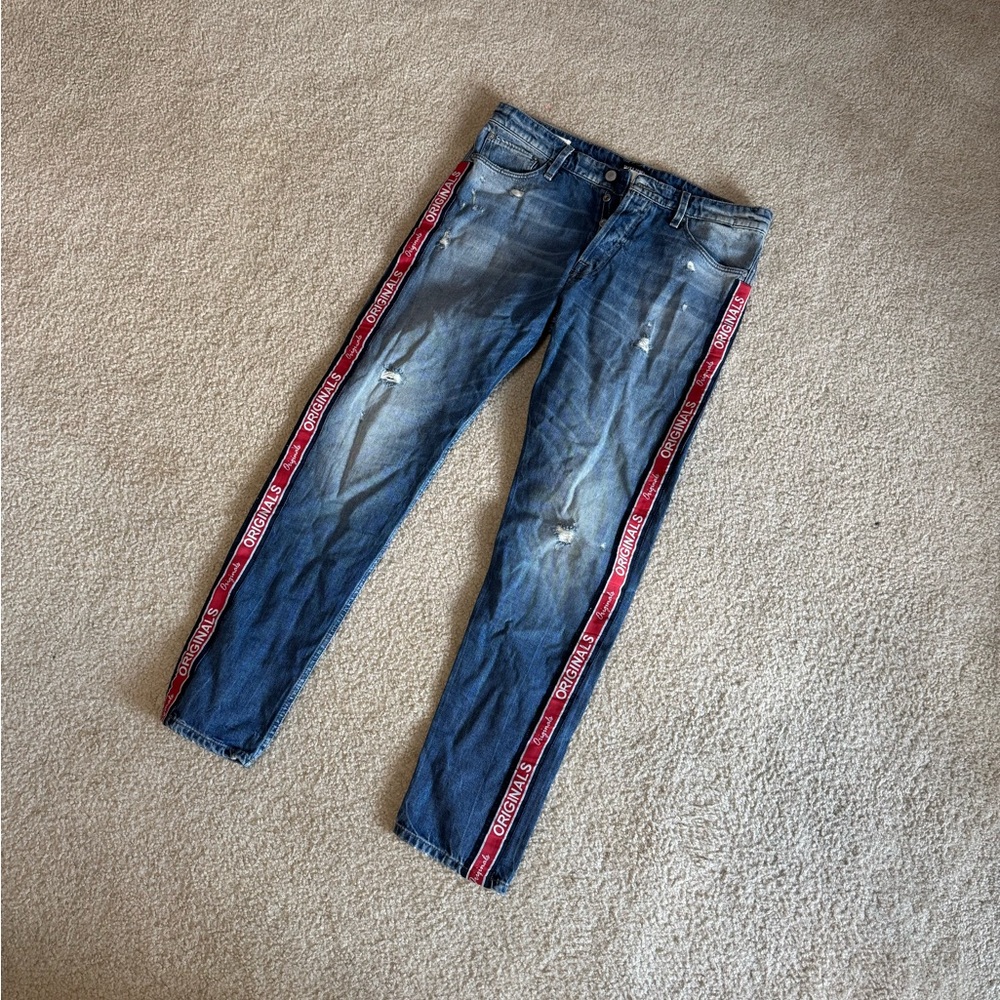Jack and Jones Straight Fit Jeans with Red Side Stripes